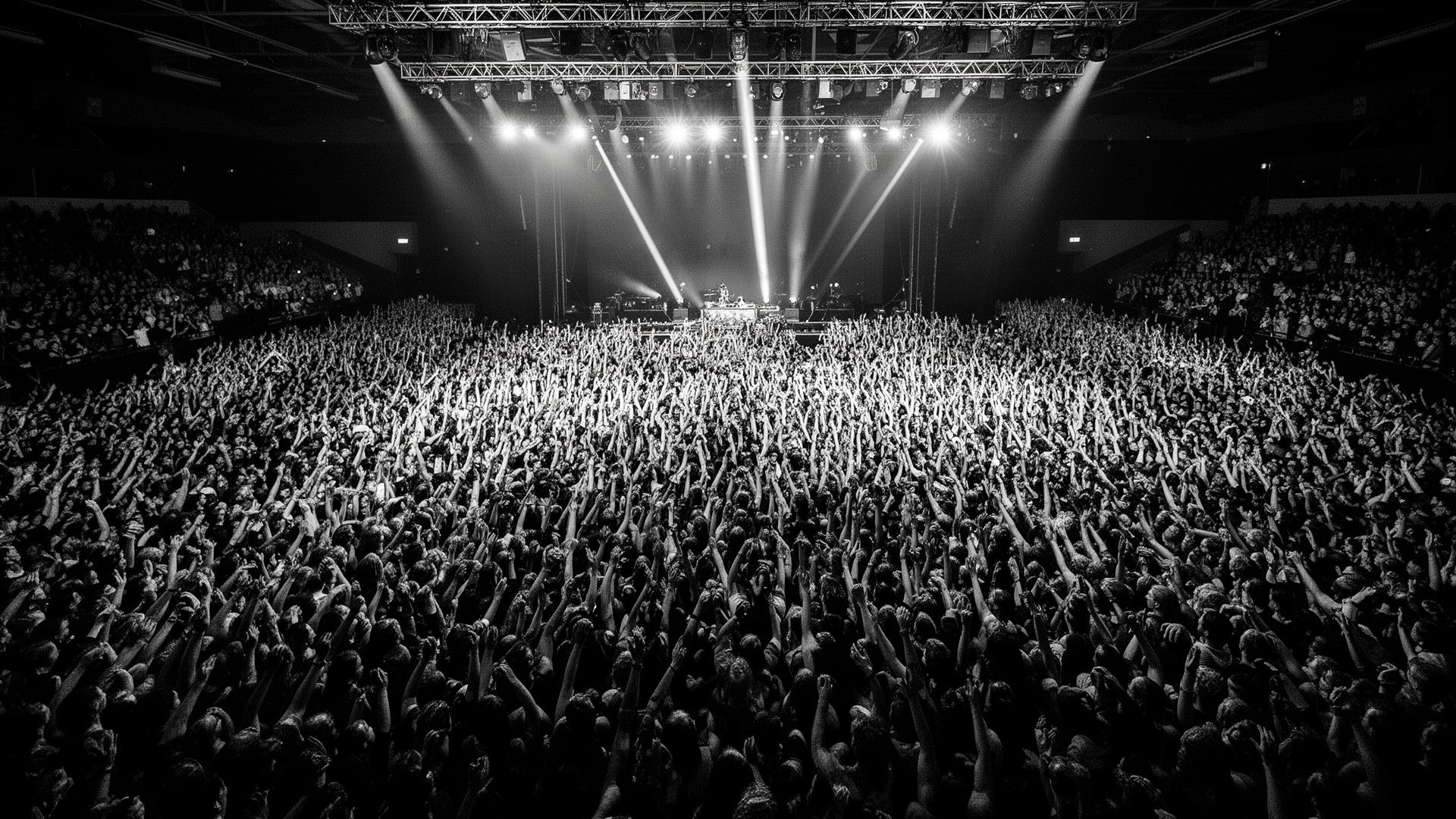 Zaal met juichende crowd onder podiumverlichting